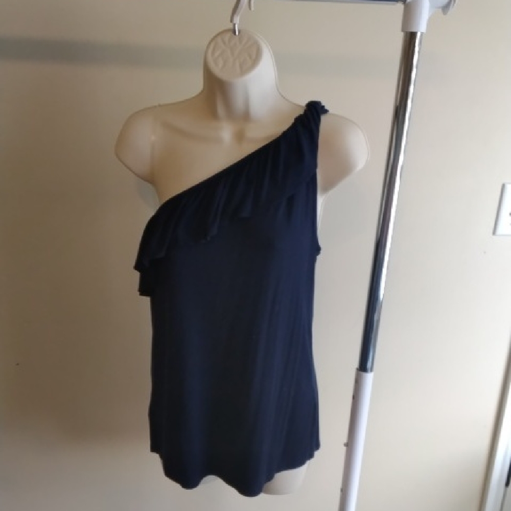 LOFT Navy One-Shoulder Ruffle Top